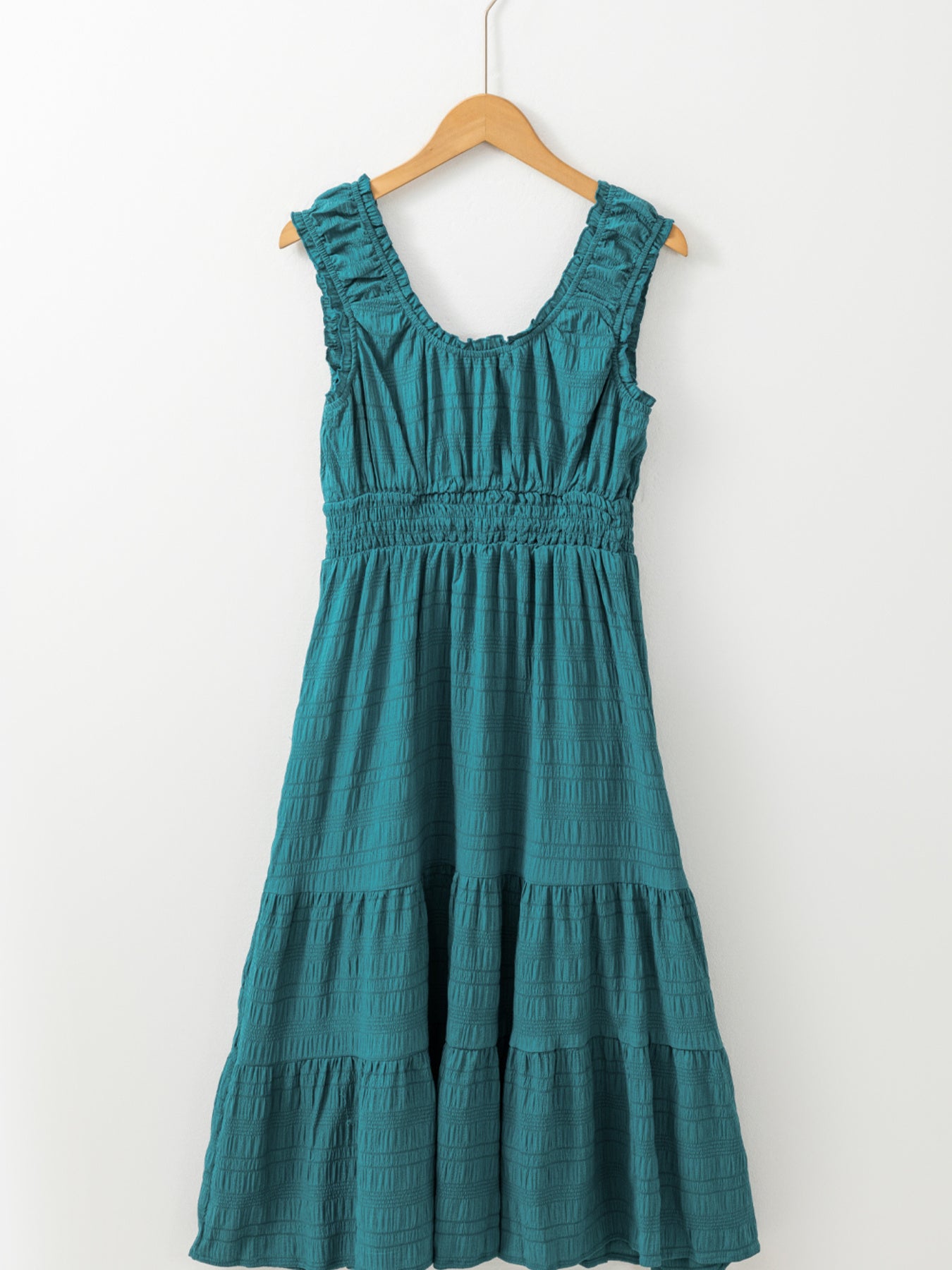 Shirred Pleated Square Neck Sleeveless Midi Dress