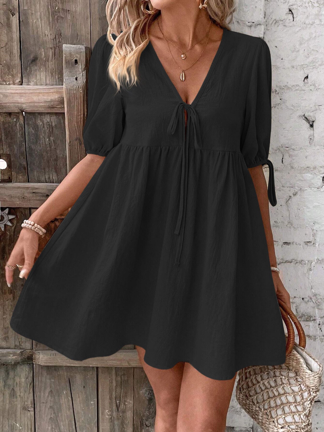 Tie Front Puff Sleeve Mini Dress