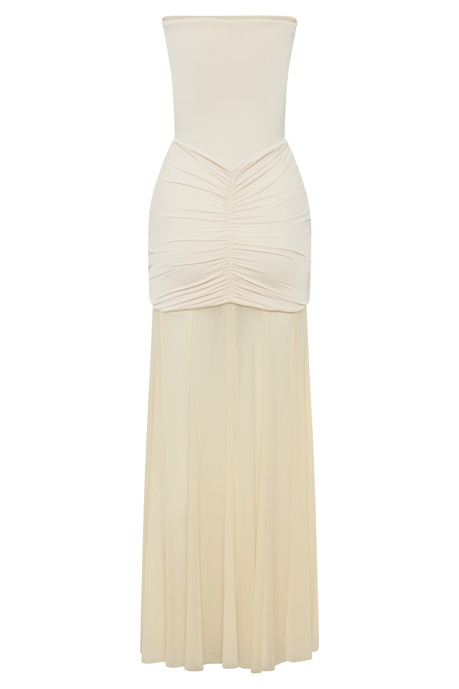 Ivory Slinky And Mesh Off Shoulder Maxi Dress