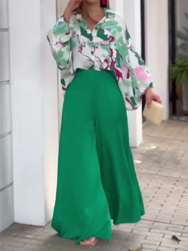 Loose Long Sleeves Floral Printed Blouses + High-Waisted Solid CoLor Wide Leg Pants Trousers Two Pieces Set