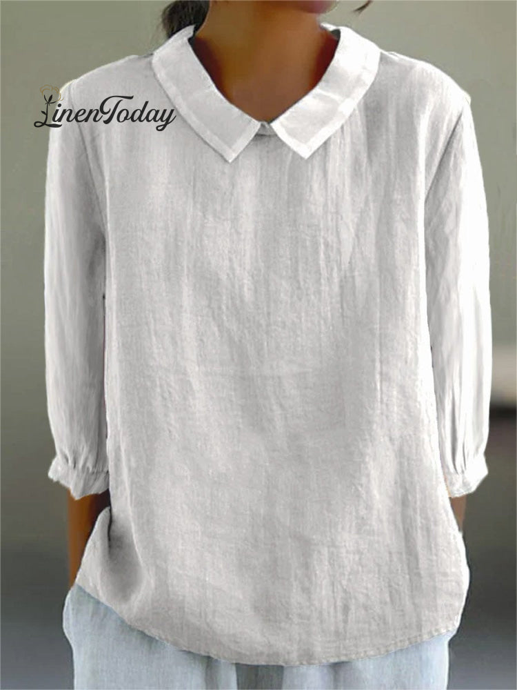 Women's Solid Color Casual Cotton And Linen 3/4 Sleeve Shirt