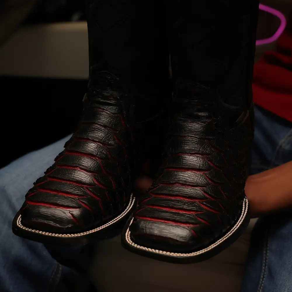 Jumbo Black Cherry Python Leather Boots - Square Toe