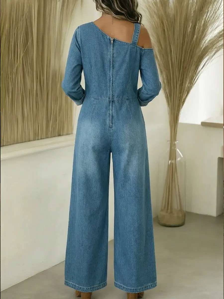 Women's Fashionable Off-the-shoulder Denim Jumpsuit