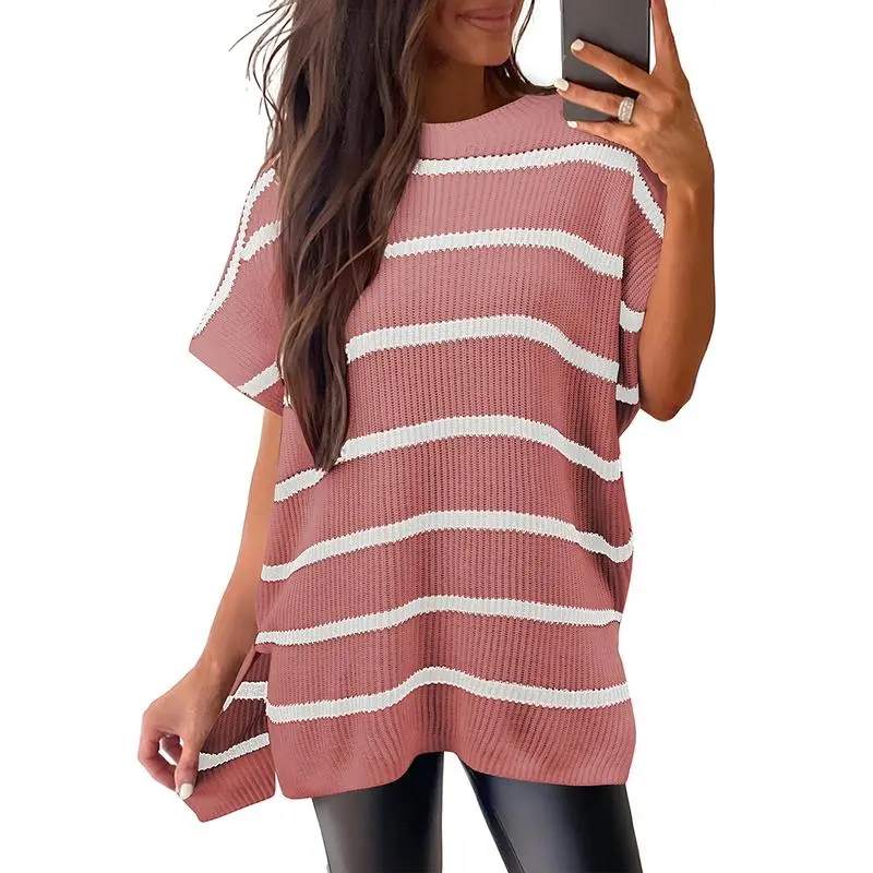 Women’s Oversized Knit Top – Casual Crew Neck Short Sleeve Sweater with Side Slit