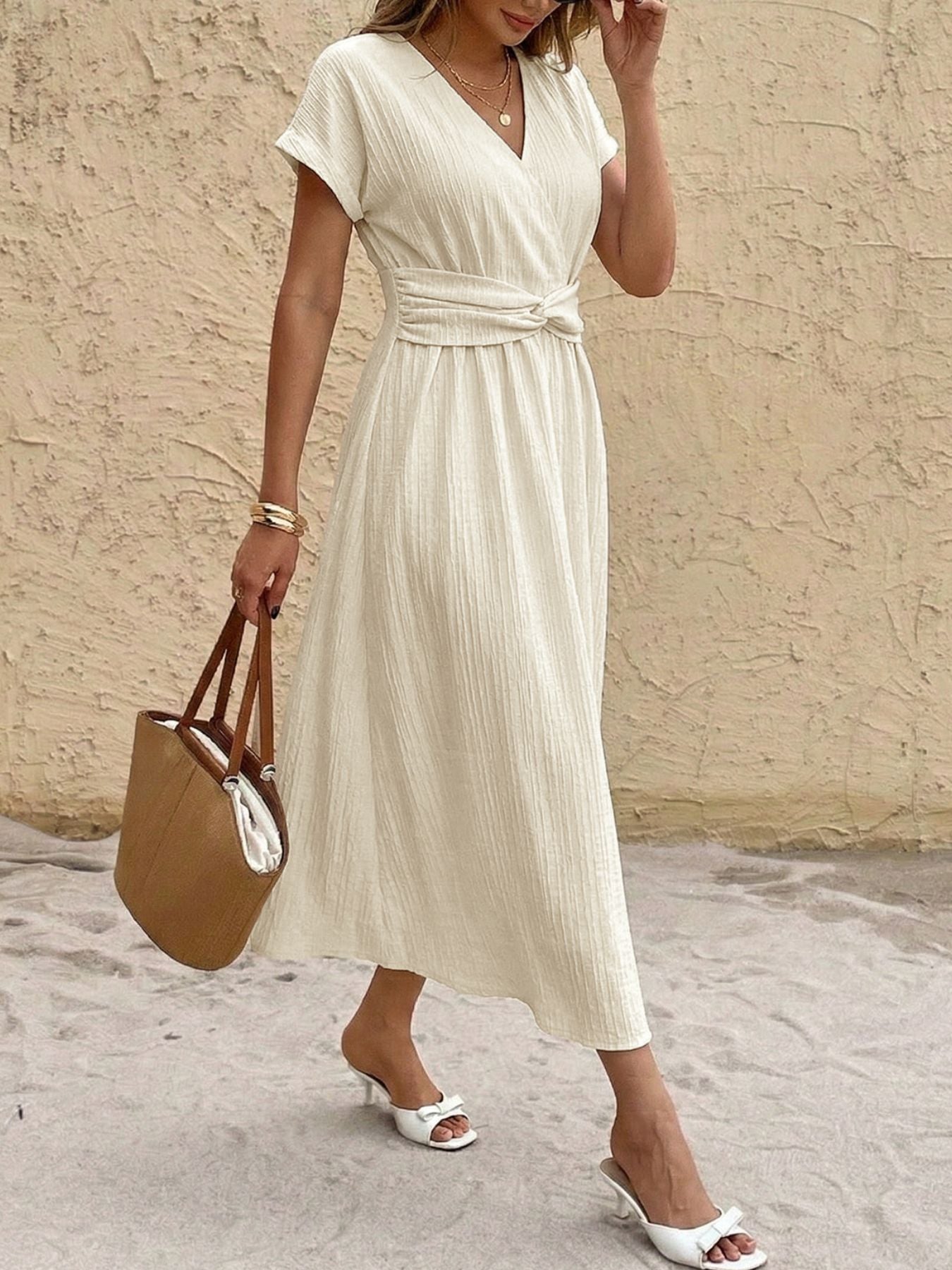 Surplice Short Sleeve Midi Dress