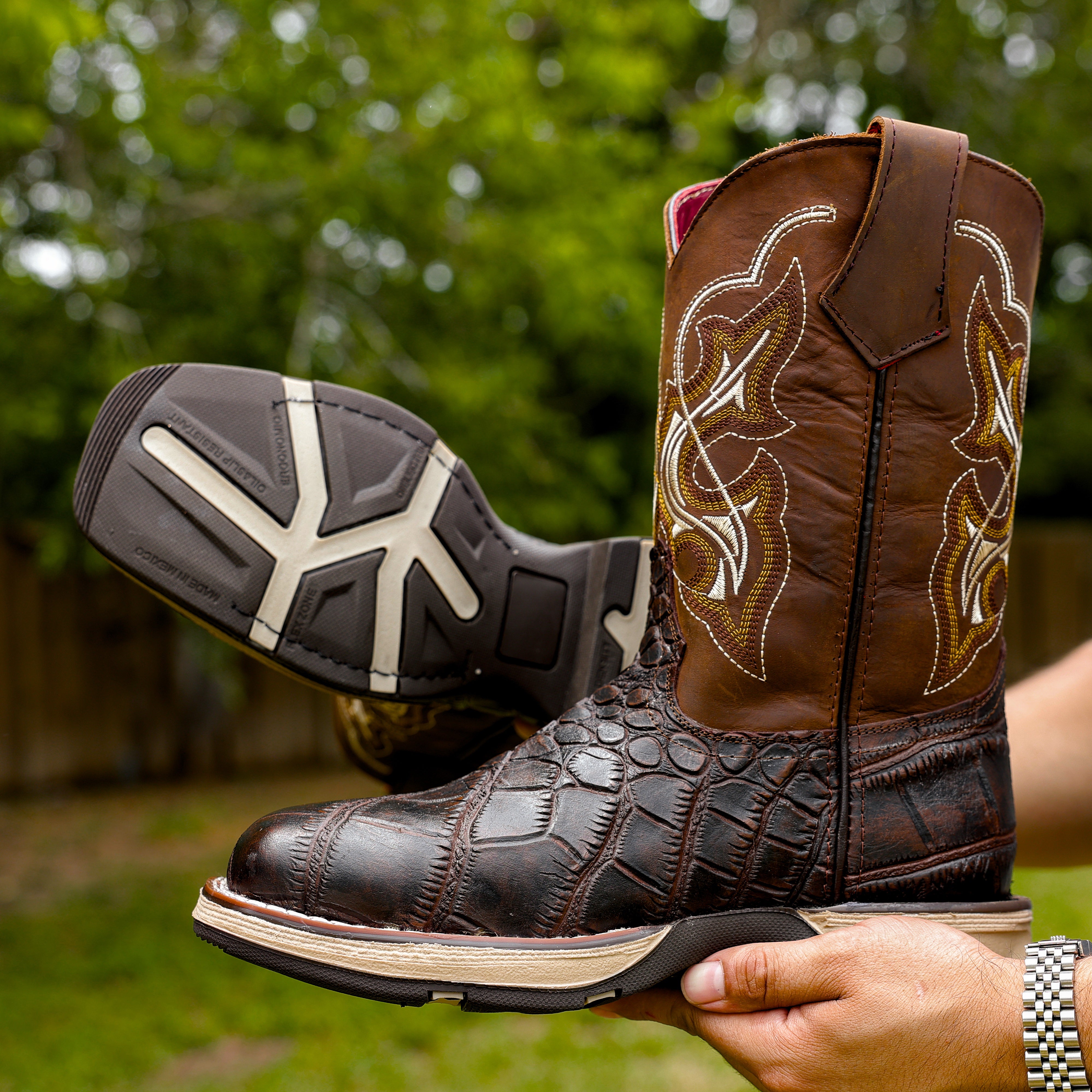 Brown Caiman Belly Leather Boots With 3D Lightweight Sole - Composite Toe