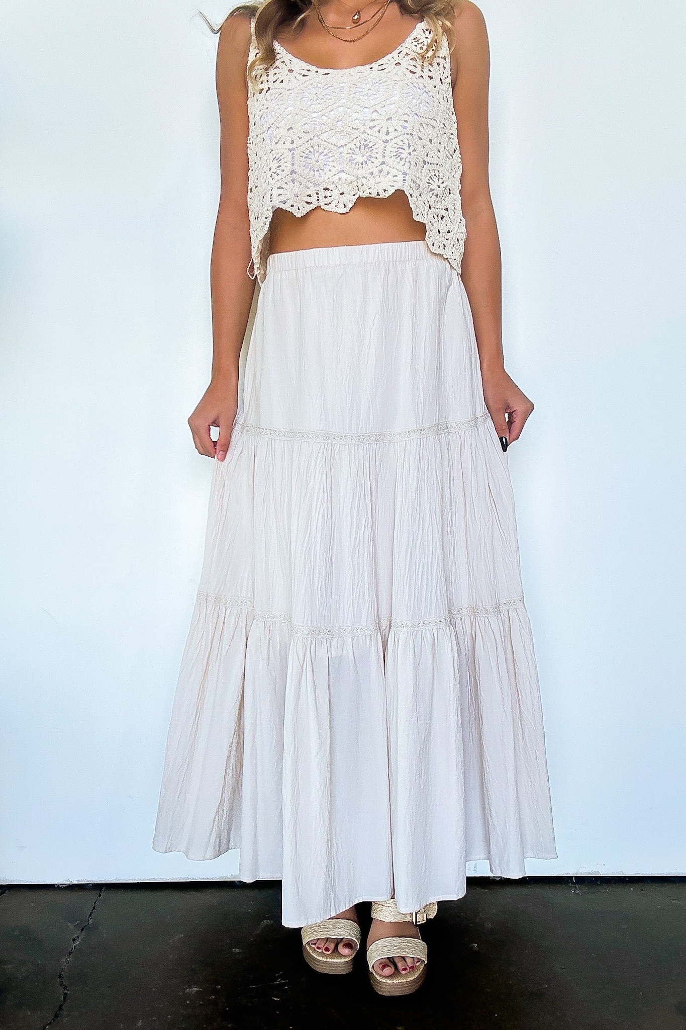 Crochet Detail Tiered Maxi Skirt