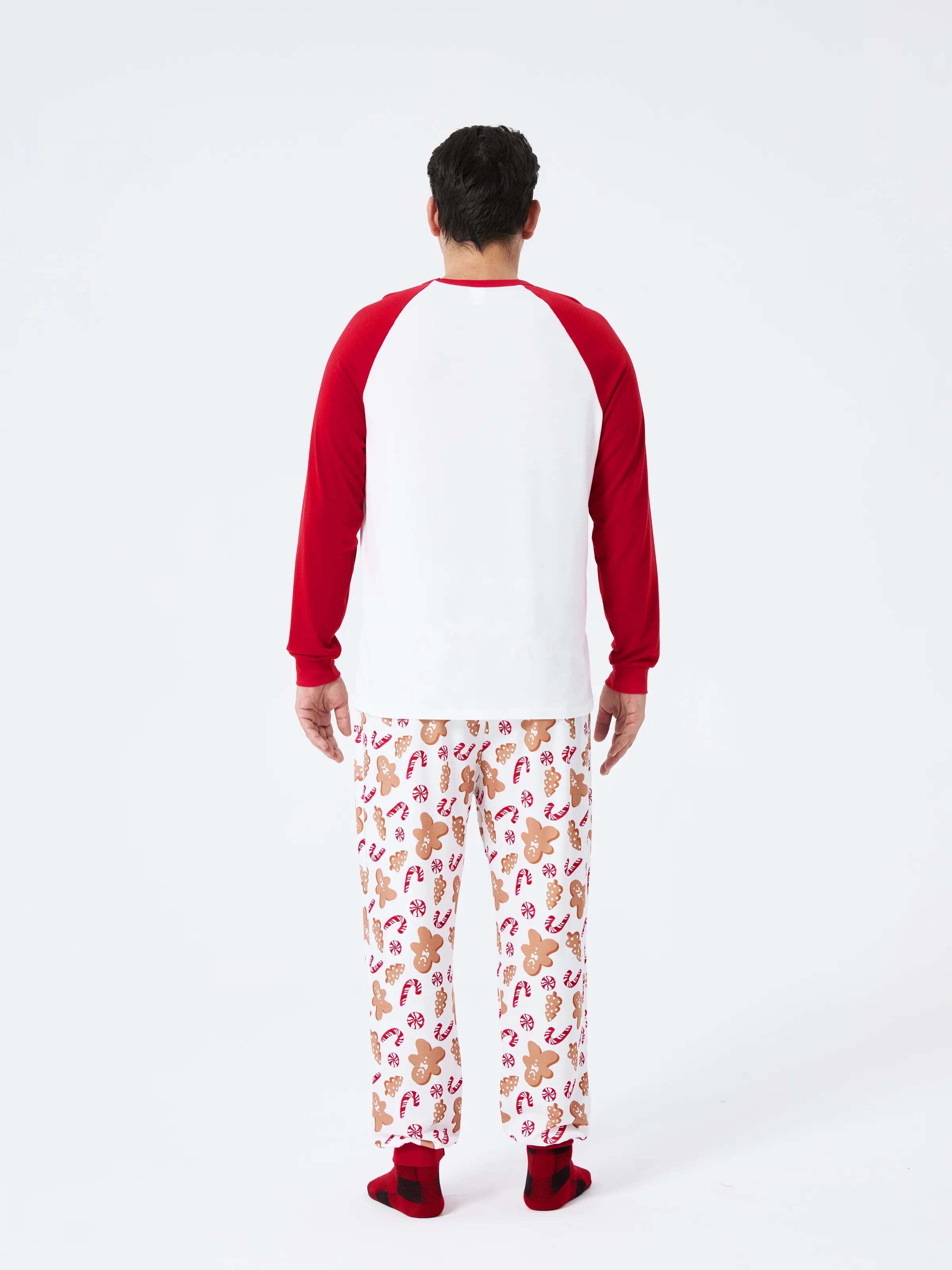 Christmas Matching Family Pajamas Set Gingerbread and Candy Cane Print PJS with Christmas Socks Red