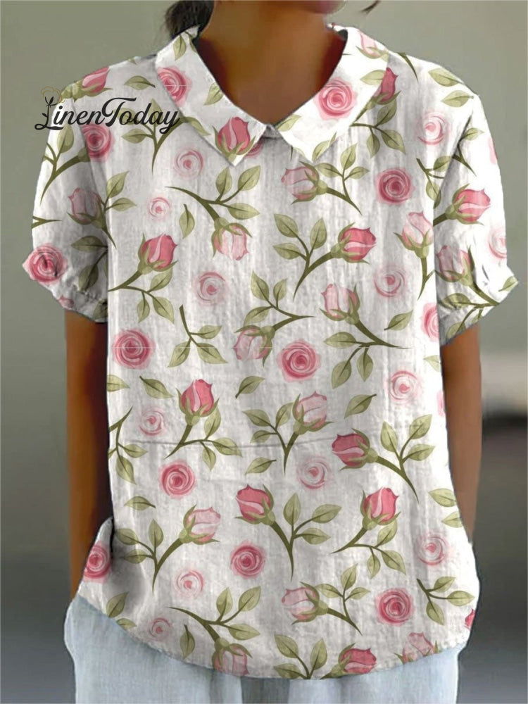 Women's Rose Flower Print Casual Cotton And Linen Shirt