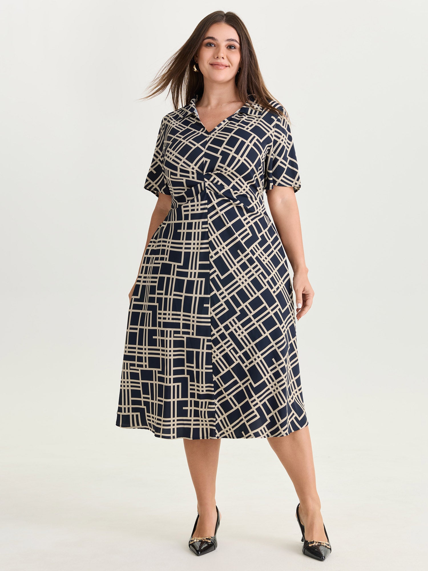 Geometric Print Collar Pleated Midi Dress