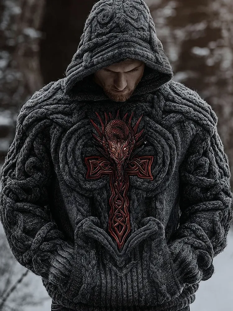 Men's Vintage Dragon Cross Celtic Chunky Hooded Sweater
