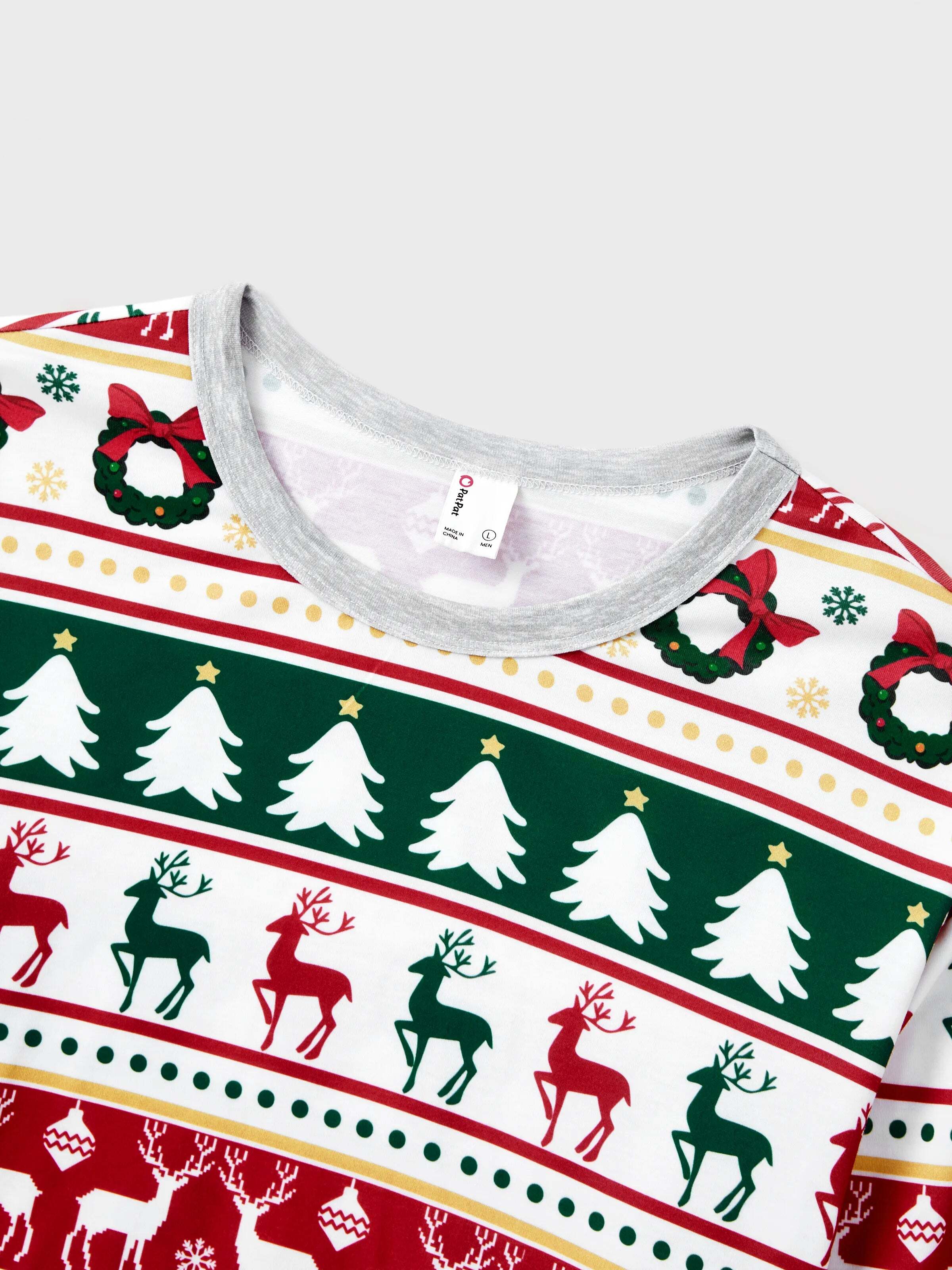 Christmas Pajamas Family Matching Allover Reindeer/Xmas Tree Pattern PJs Sets with Christmas Socks ColorBlock