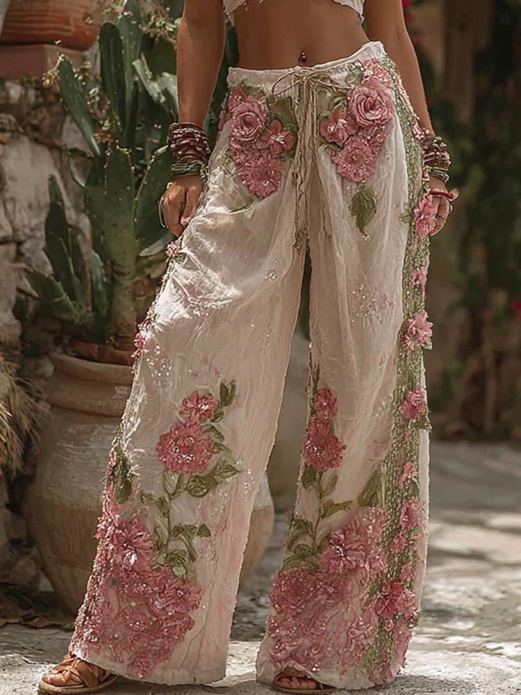 Classic Bohemian Pink Rose Retro Color-blocked Casual Pants