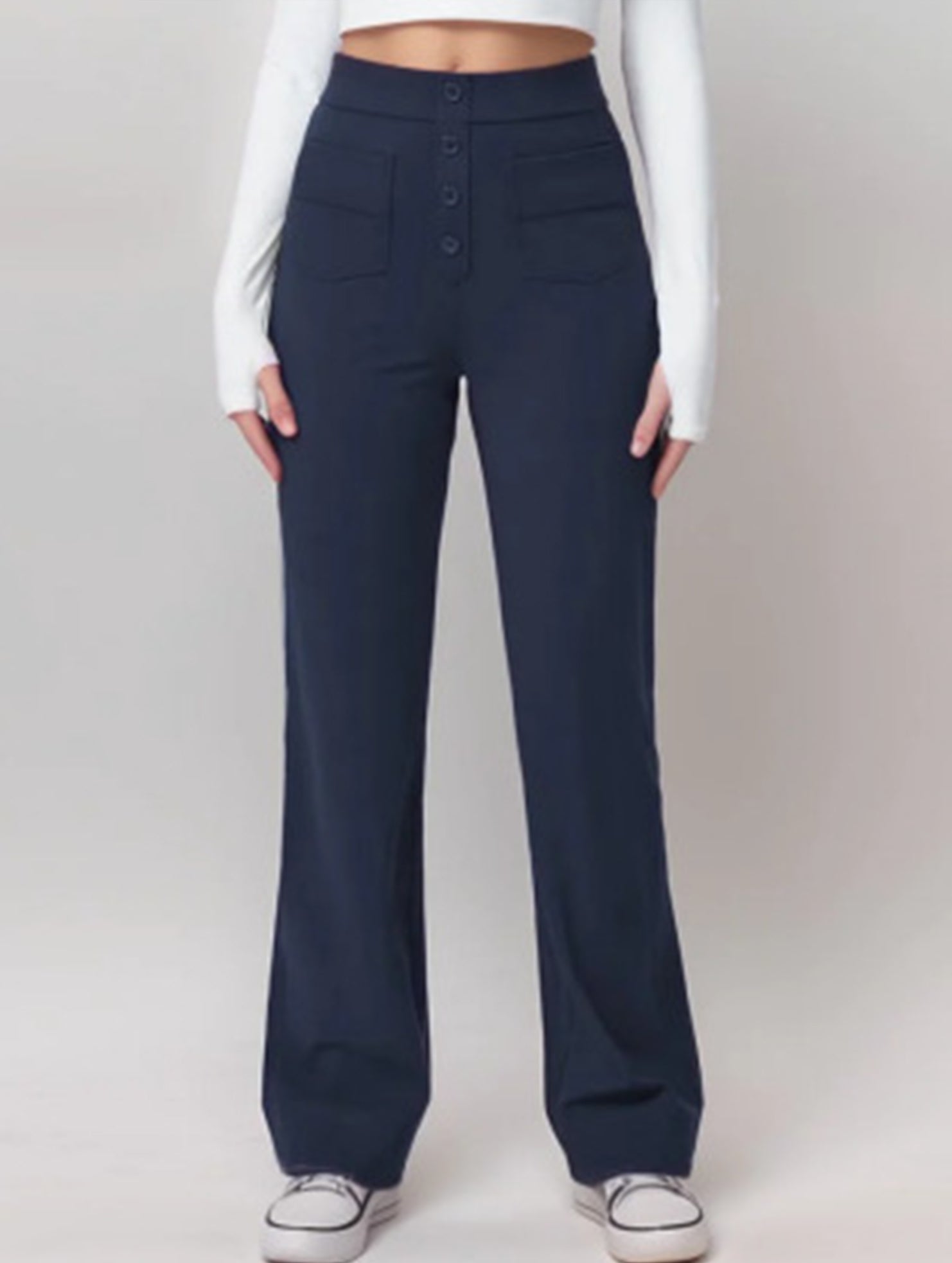 High-waisted buttoned casual straight-leg pants