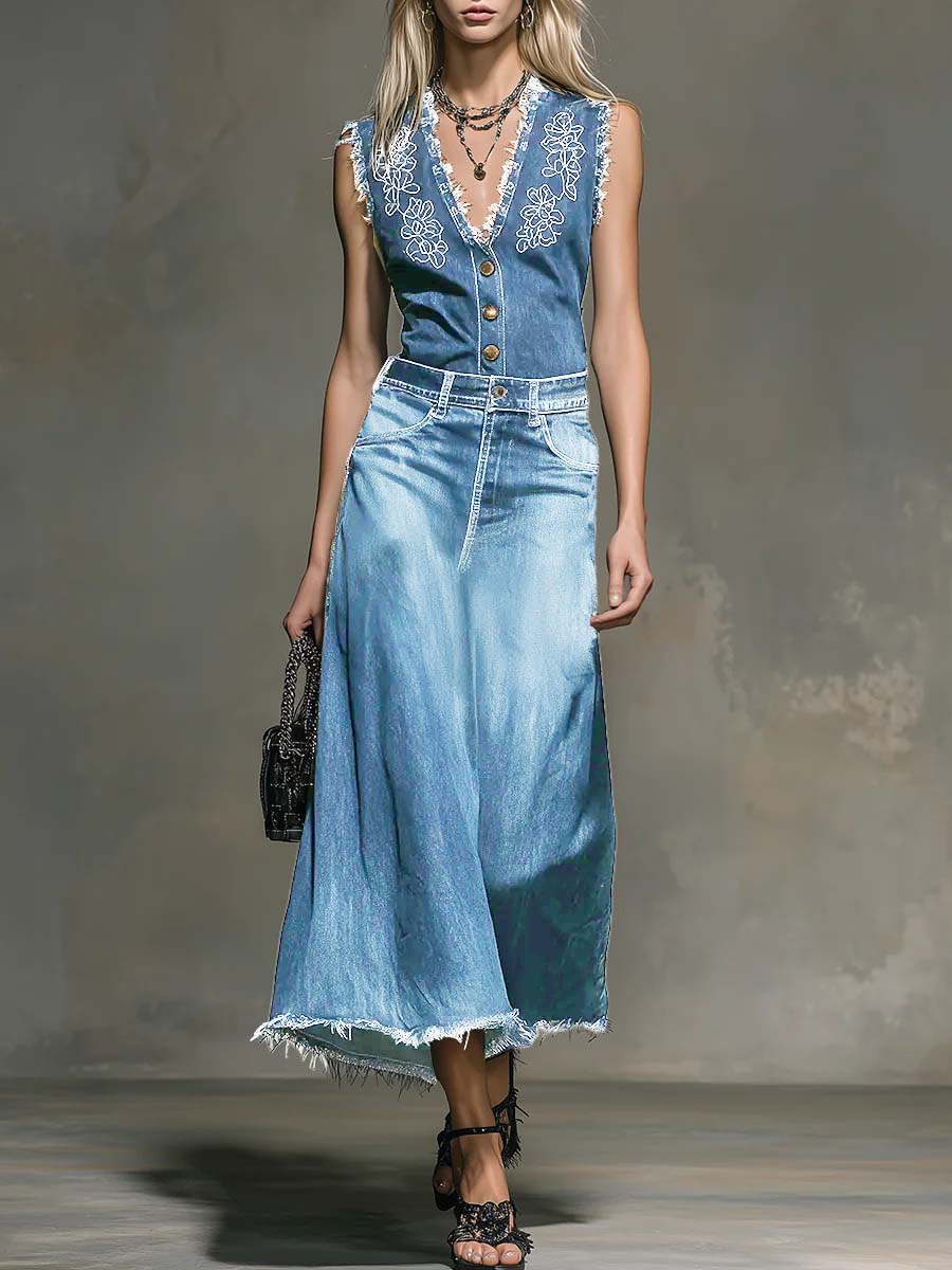 Women's V-neck sleeveless denim top and high-waisted casual loose denim skirt set