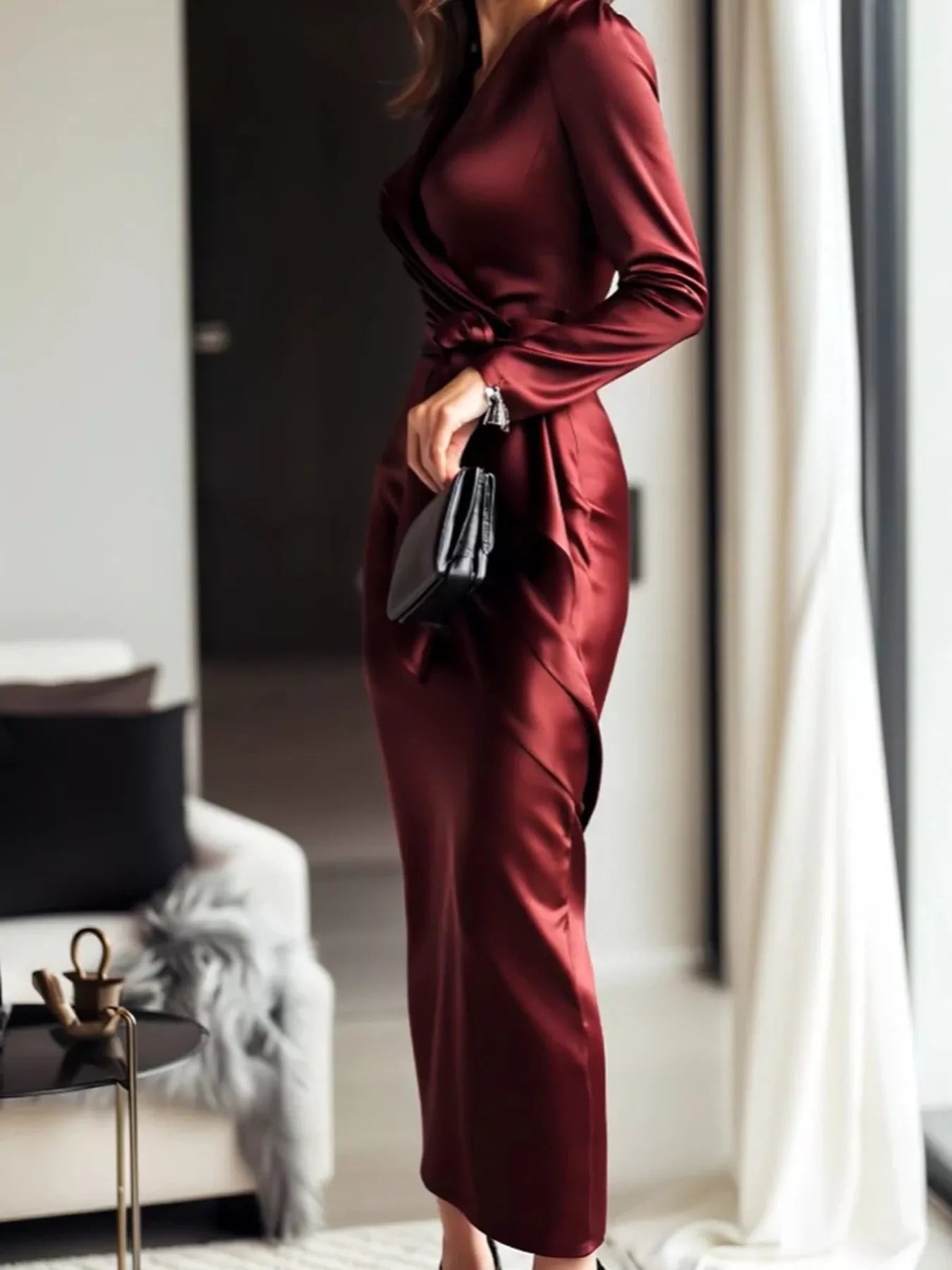 Satin Wrap Long Sleeve Midi Dress