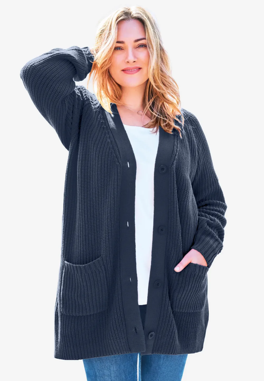 Button-Front Shaker Cardigan