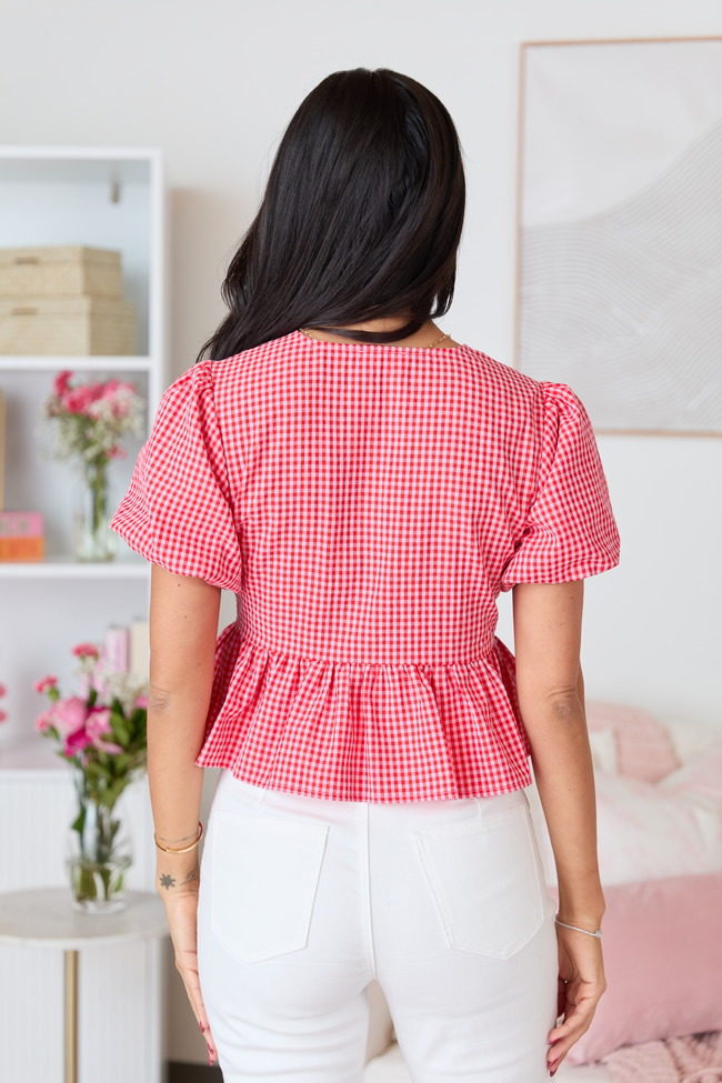 Mila Red Gingham Tie Front Flounce Woven Blouse