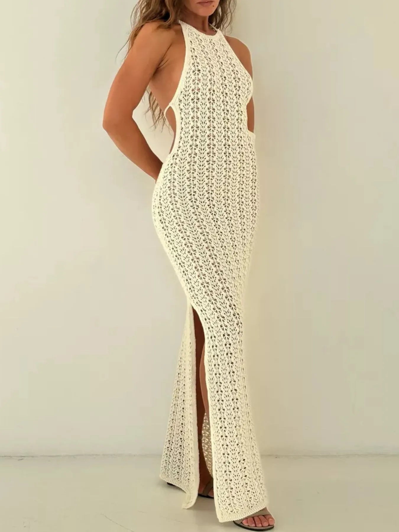 Crochet Halter Neck Bodycon Knit Cover Up Dress