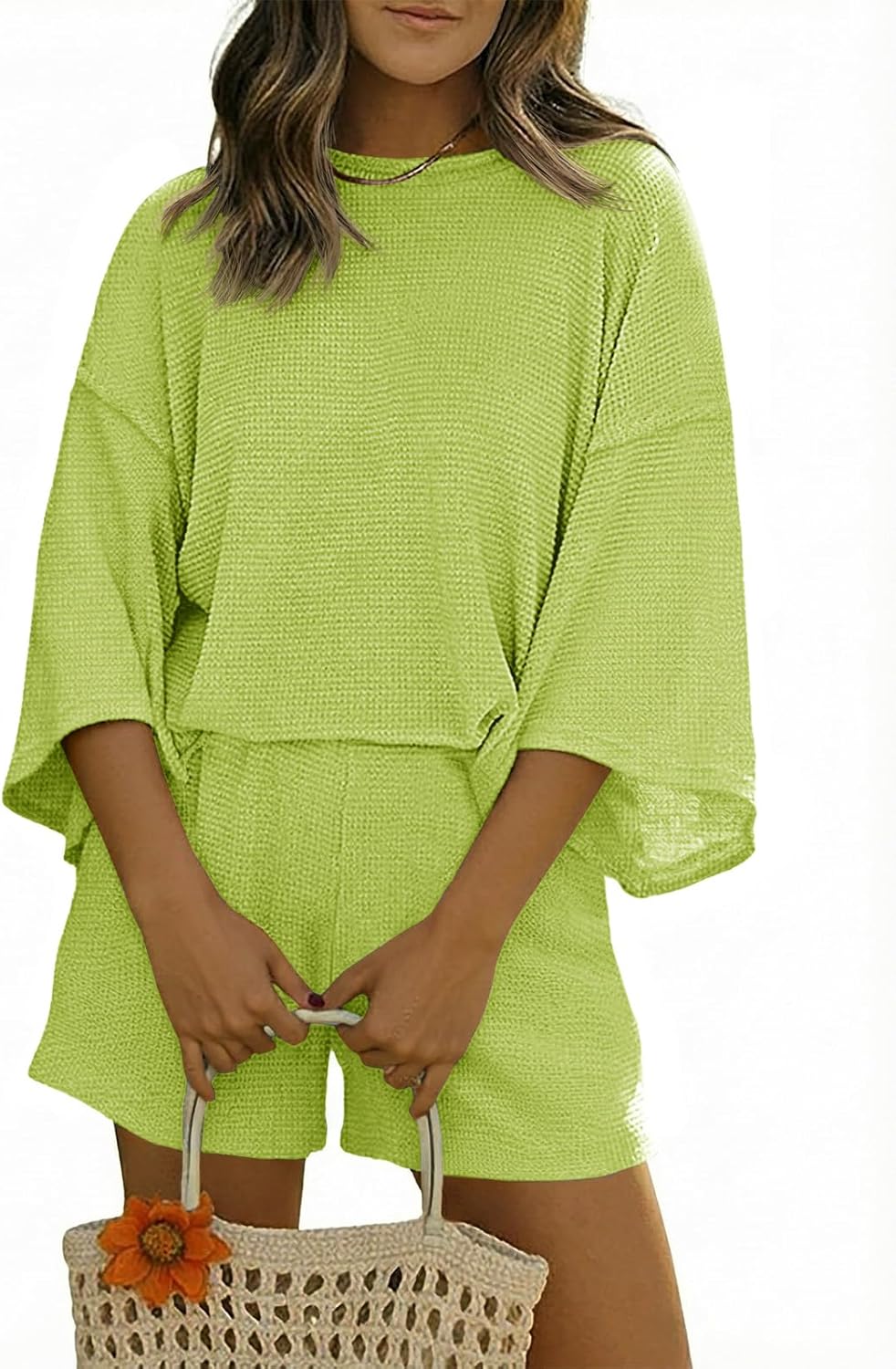 Womens Short Sets 2 Piece Outfits 3/4 Sleeve Tops and Elastic Waist Shorts Lounge Set Casual Loungewear