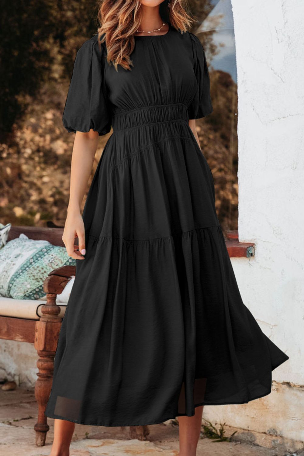 Puff Sleeve Pleated High Waist Flowy Midi Dress