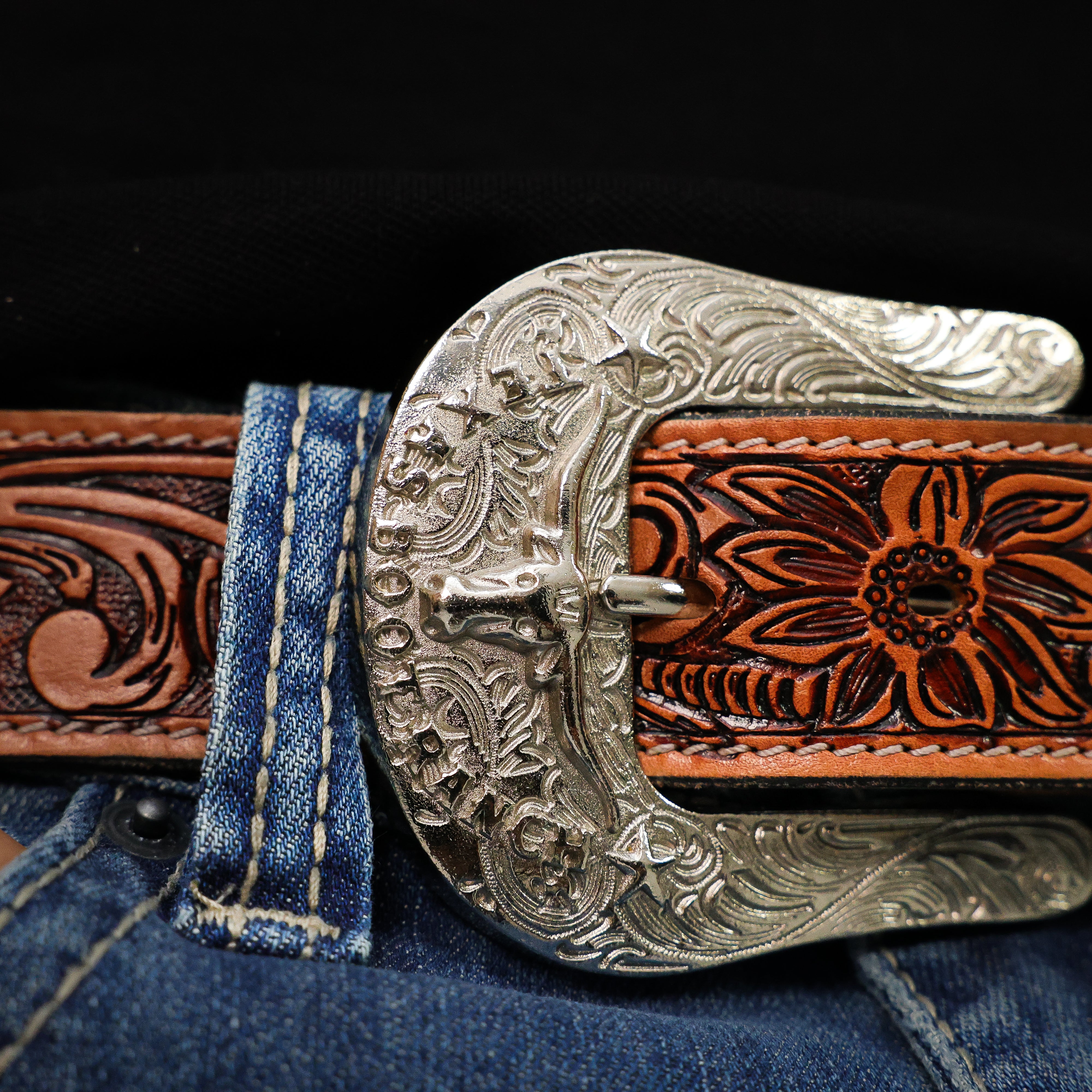 Hand-Tooled Artesanal Beaded Leather Belt
