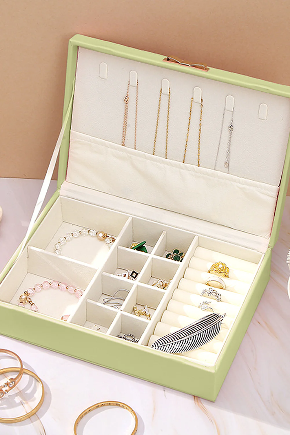 Grass Green Simple Stitched Detail PU Jewelry Organizer