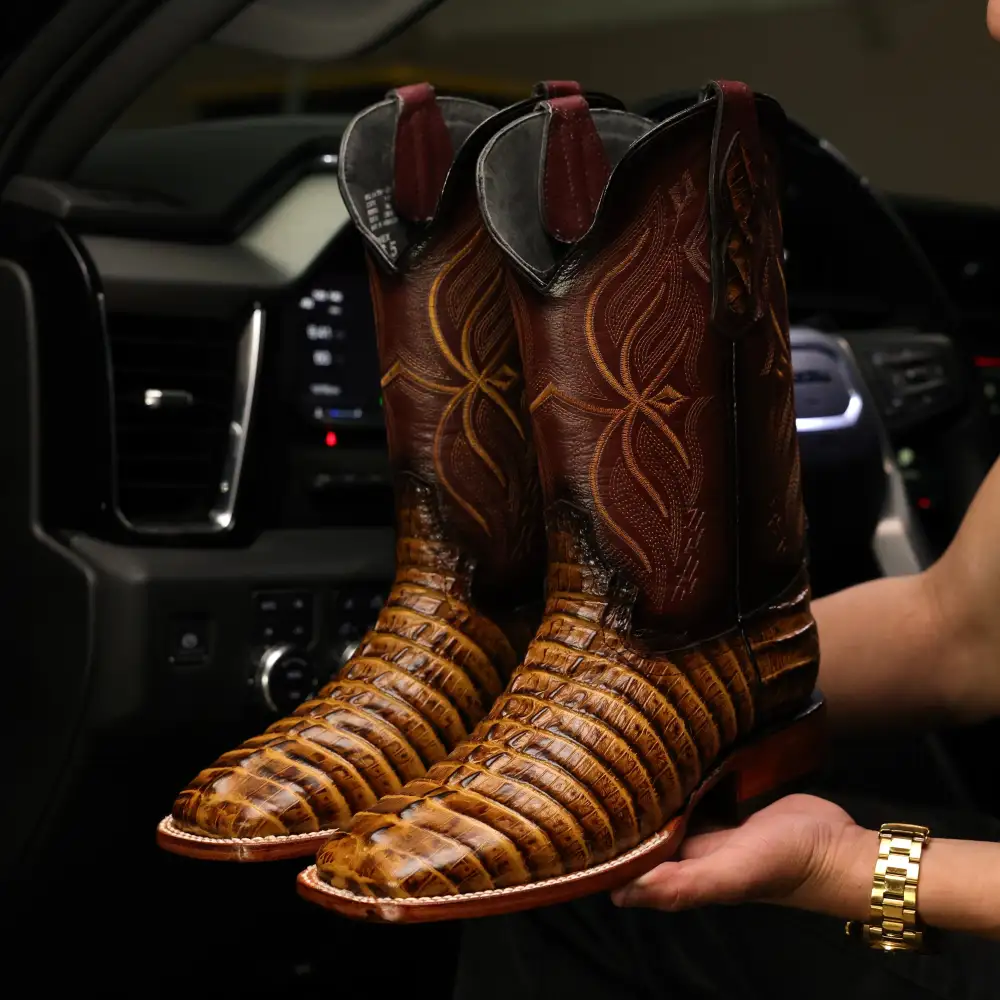 Honey Caiman Tail Leather Boots - Square Toe