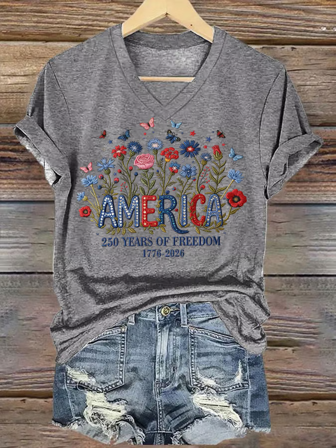Women's casual retro American 250th Print T-shirt