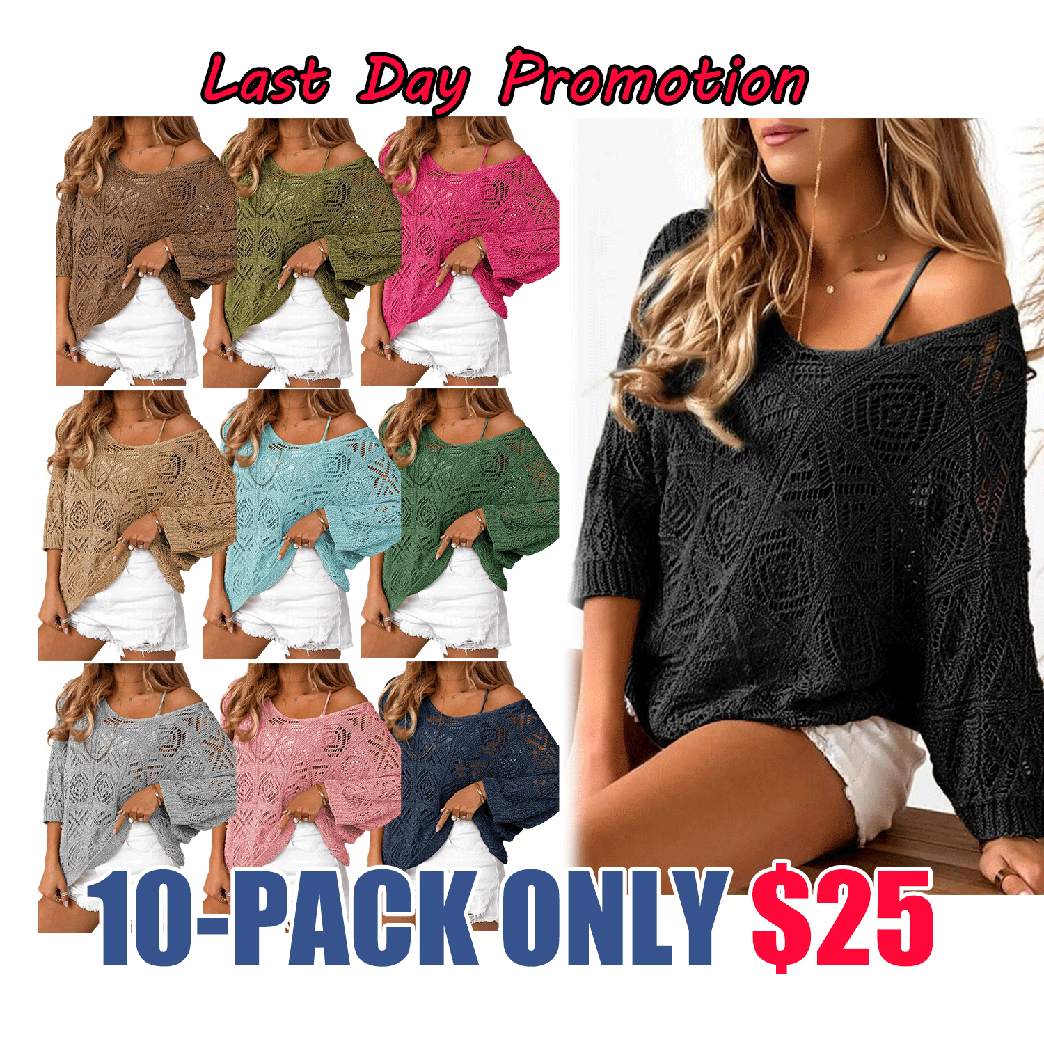 ✨ Women’s Crochet Hollow-Out Off-Shoulder Top – Lightweight 3/4 Sleeve Summer Sweater