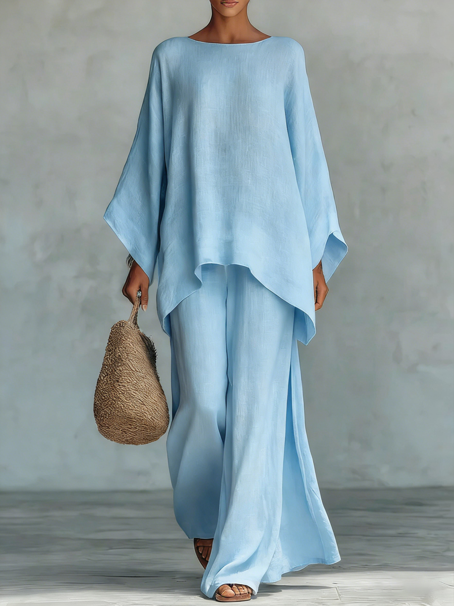 Women's Round Neck Long Sleeve Wide-leg Casual Irregular Hem Two-piece Pants Set