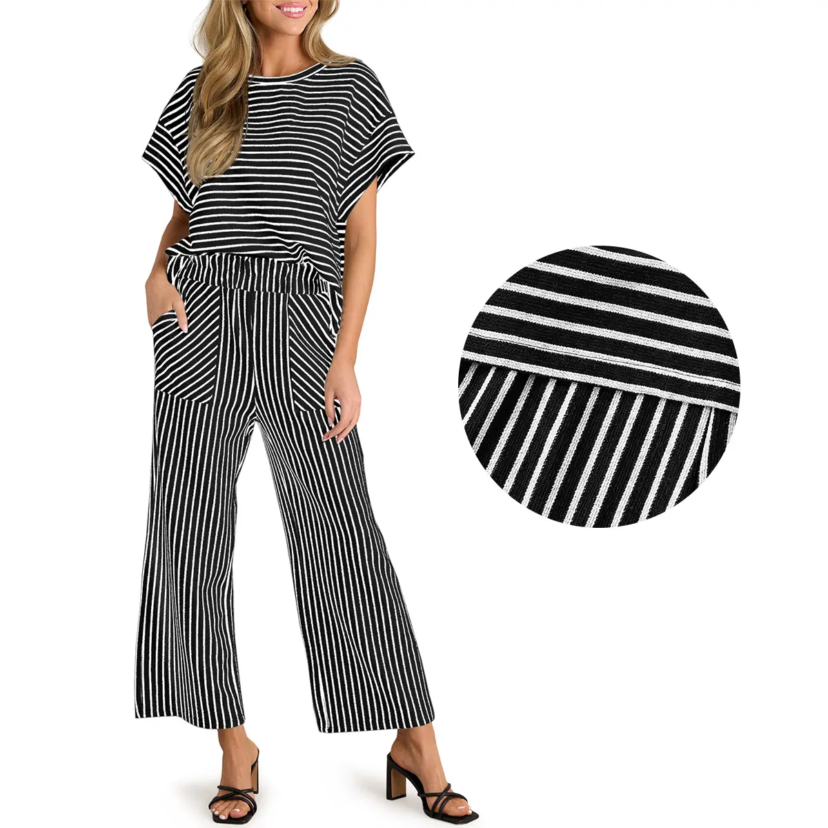 Womens Striped 2 Piece Sets Short Sleeve T Shirts Wide Leg Pants Matching Lounge Set with Pockets