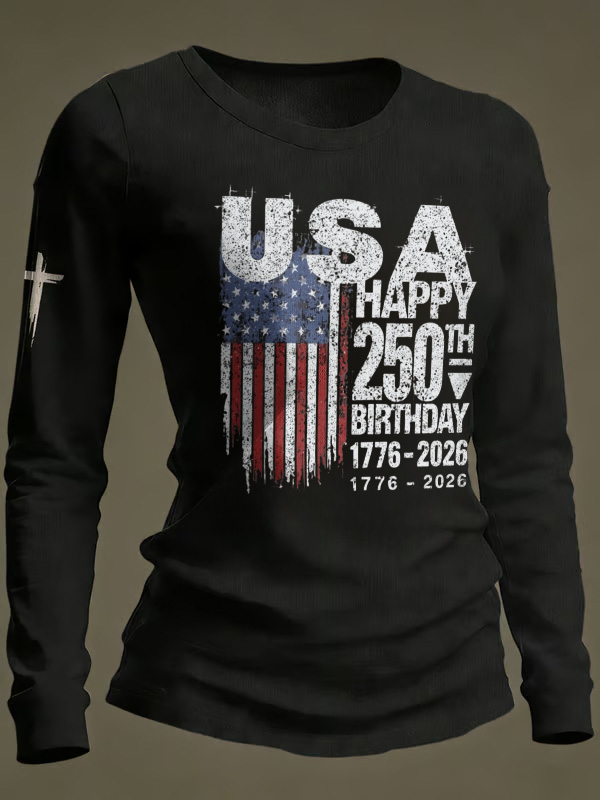 Ladies' Leisure 250Th Anniversary National Day Celebration Round Neck Long Sleeve T-Shirt
