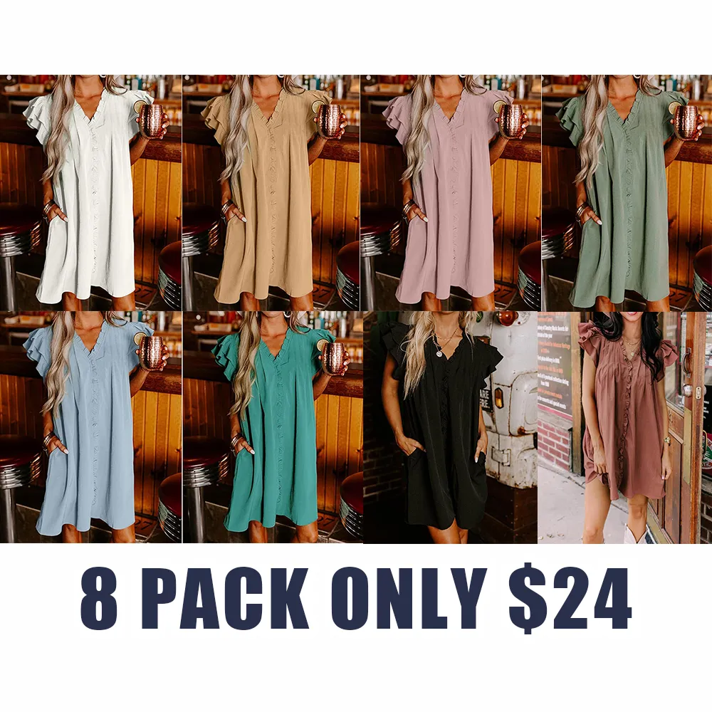 Elegant V-Neck Ruffle Sleeve Dress for Women