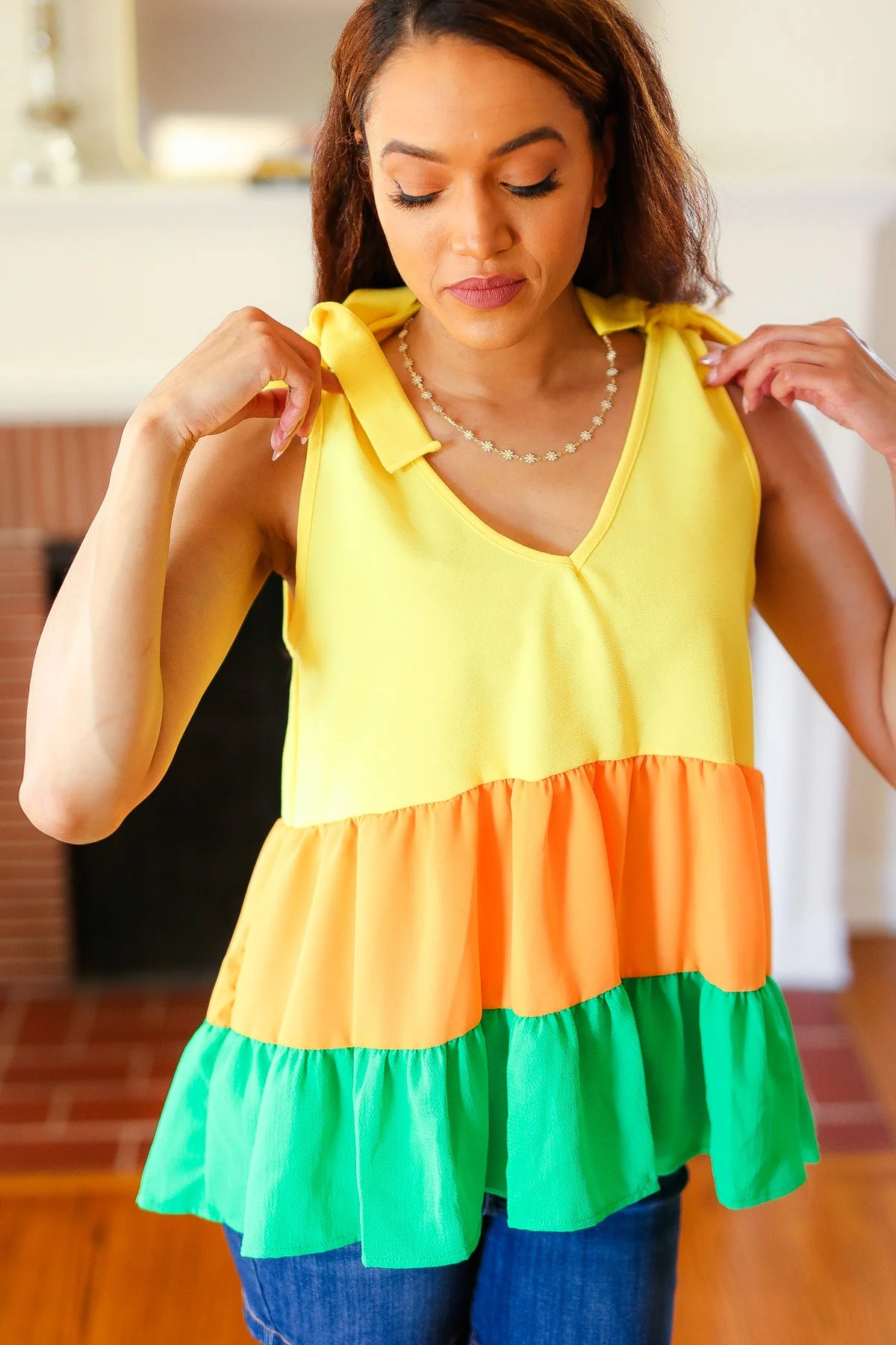 Tiered Shoulder Tie Crepe Top in Yellow & Tangerine