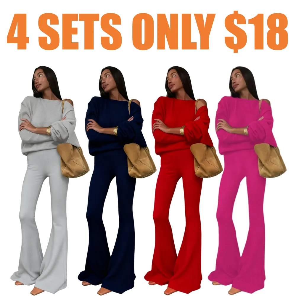 Women's Solid Asymmetrical Neck Top & Flare Leg Pants Set