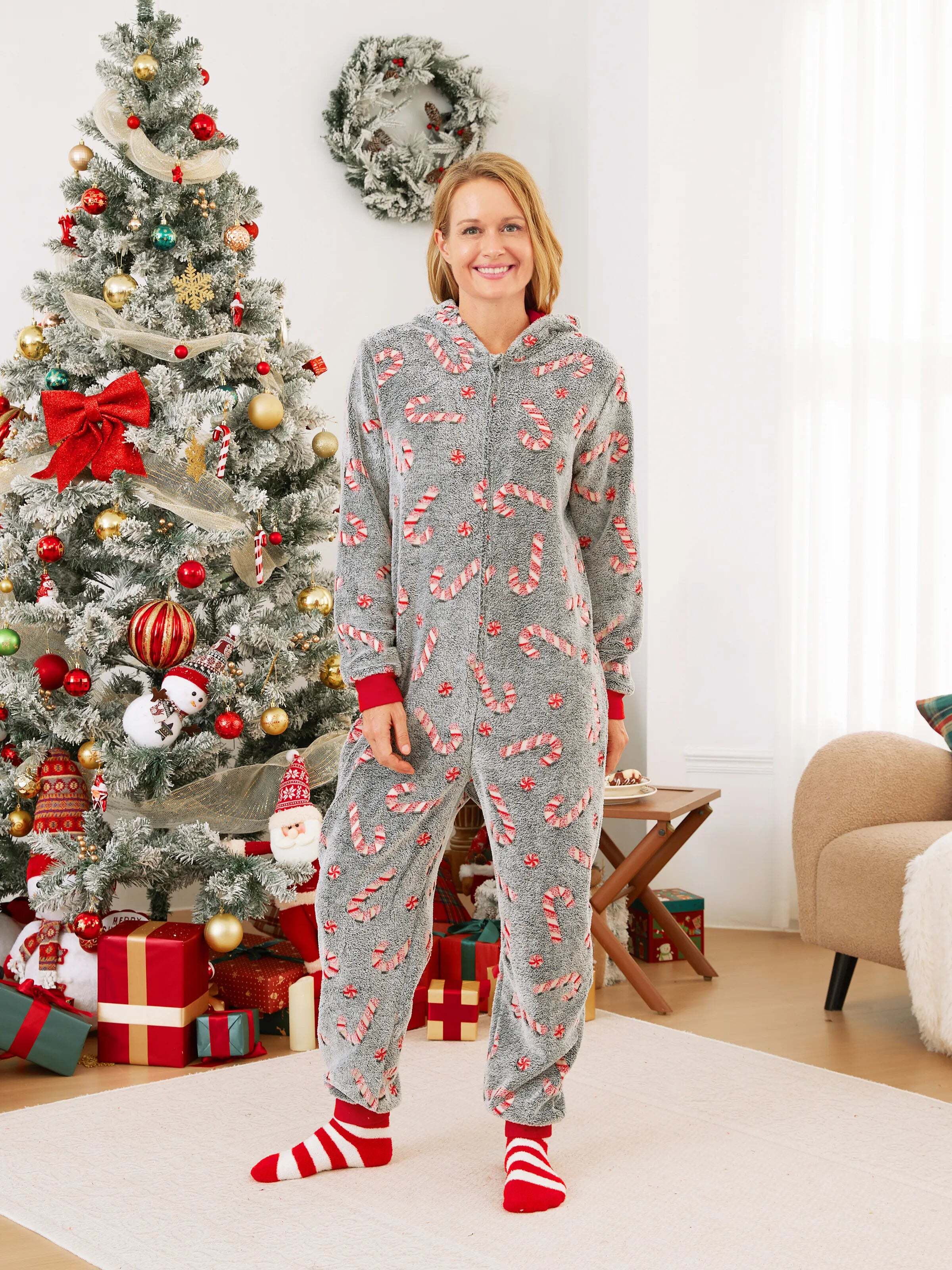 Onesies Pajamas Matching Christmas Outfits Candy Cane Pattern (Glow in the Dark) with Christmas Socks Black