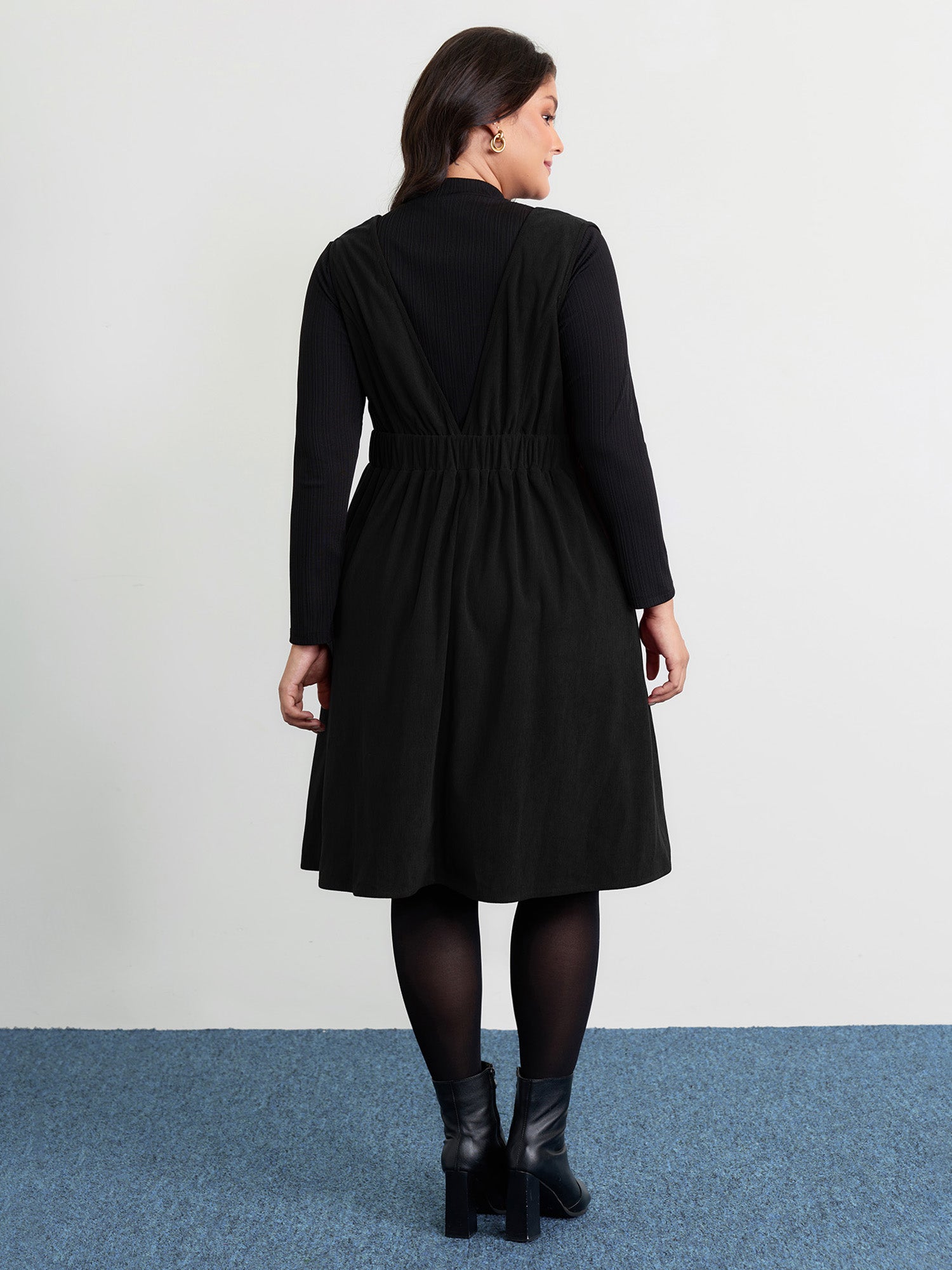 Corduroy Stretchy Waist V-Neck Mini Dress