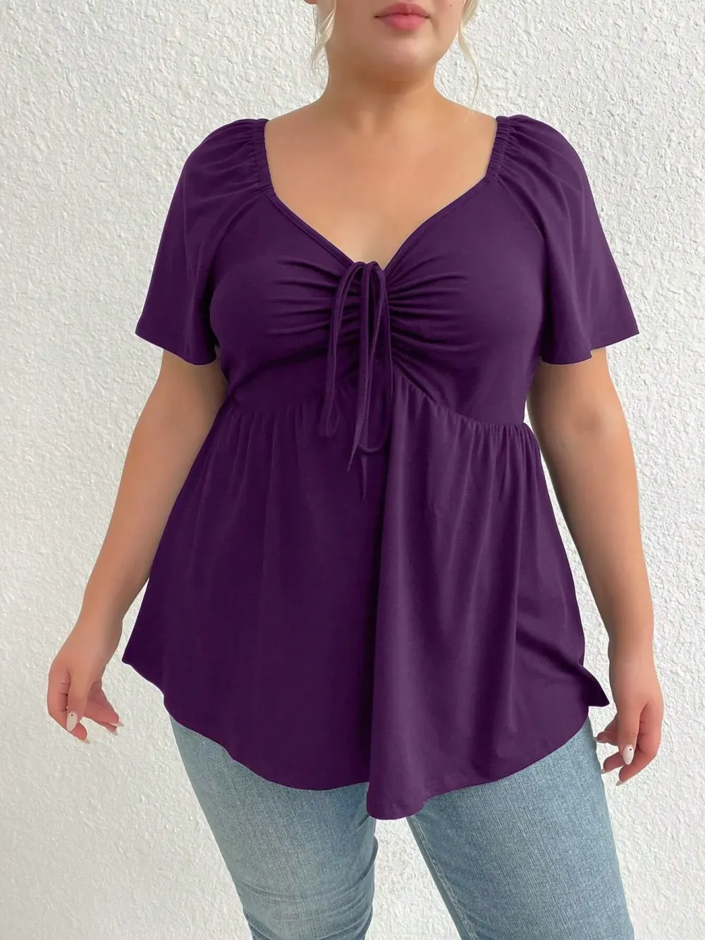 Plus Size Solid Color Rhinestone Collar Tie Front Short Sleeve Simple Casual T-Shirt