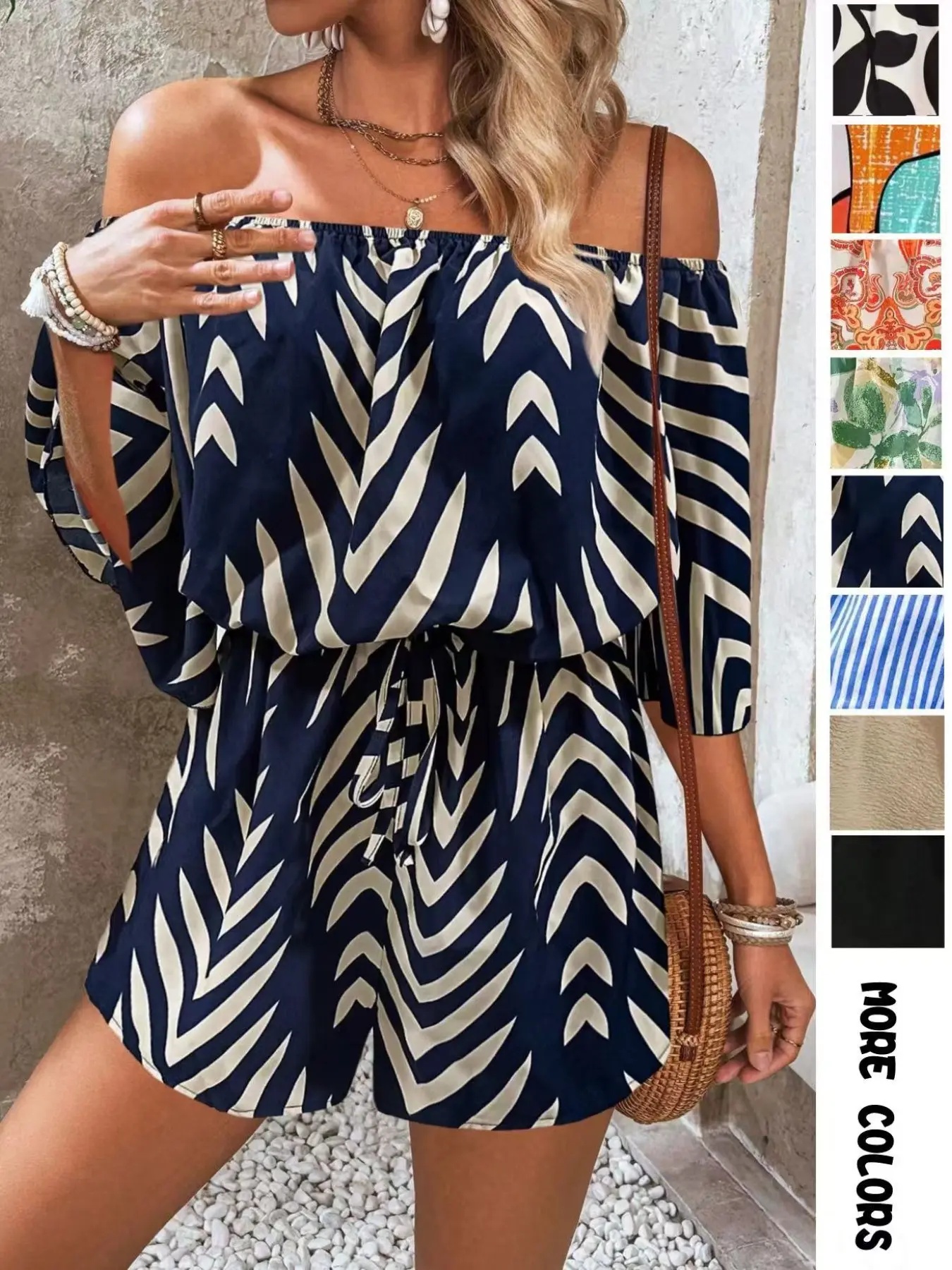 Women's Leaf Print Off Shoulder Tie Front Romper