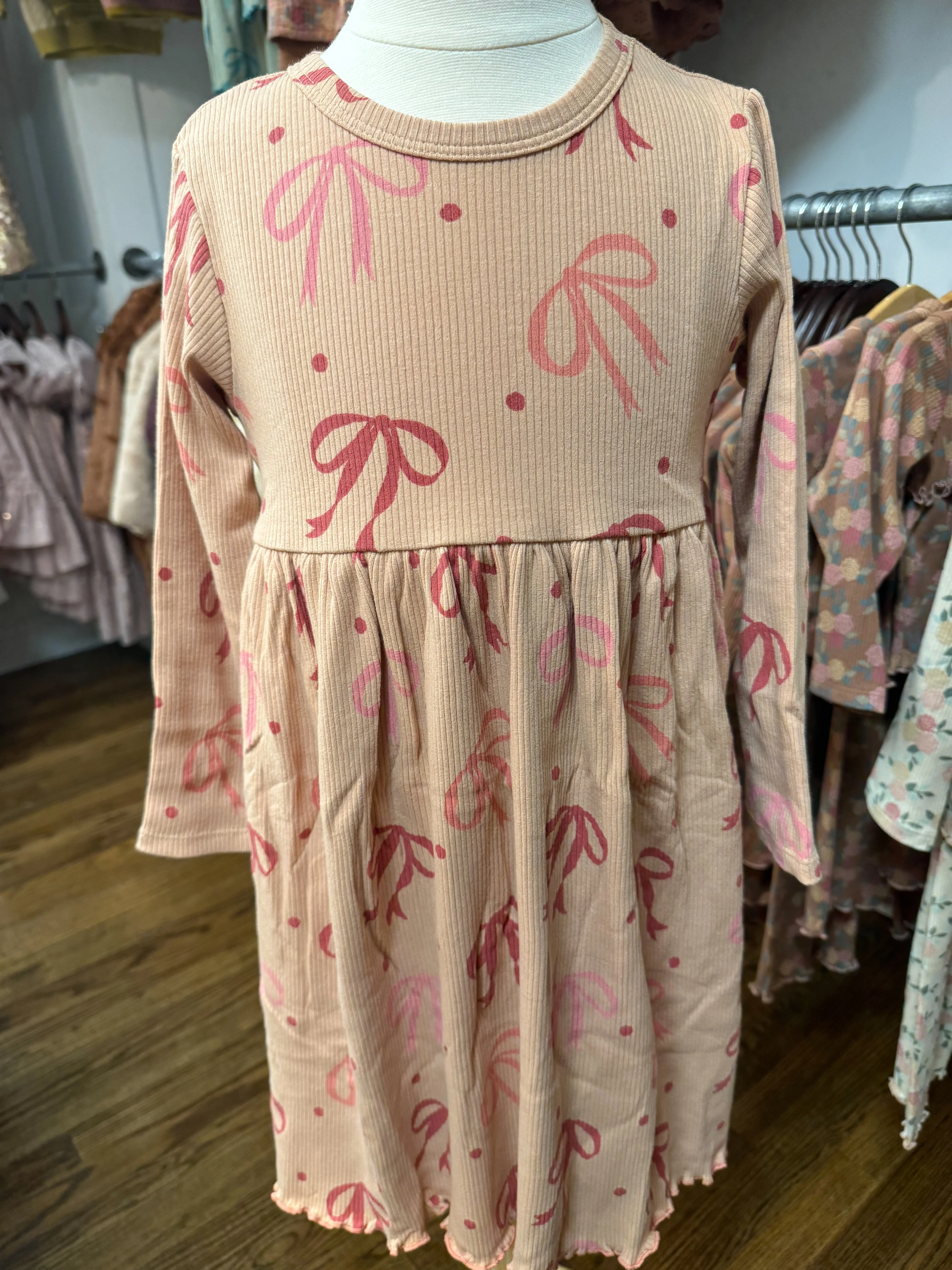 Rib Long Sleeve Dress: Pink Bows