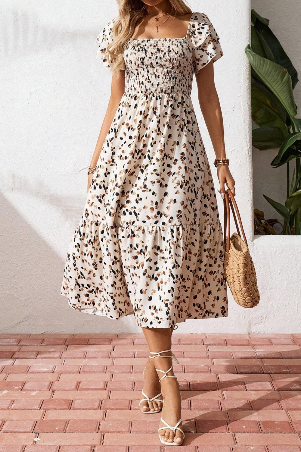 Square Neck Ruffle Sleeve Midi Dress