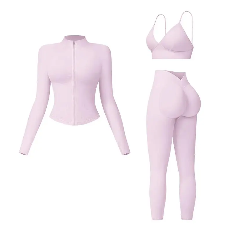 Women’s 3-Piece Seamless Workout Set – Crop Tank, Zip Jacket & High-Waist Leggings