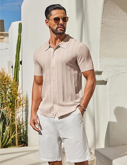 Men's Knit Button Down Shirts Short Sleeve Polo Shirt Casual Vacation Summer Beach Shirts