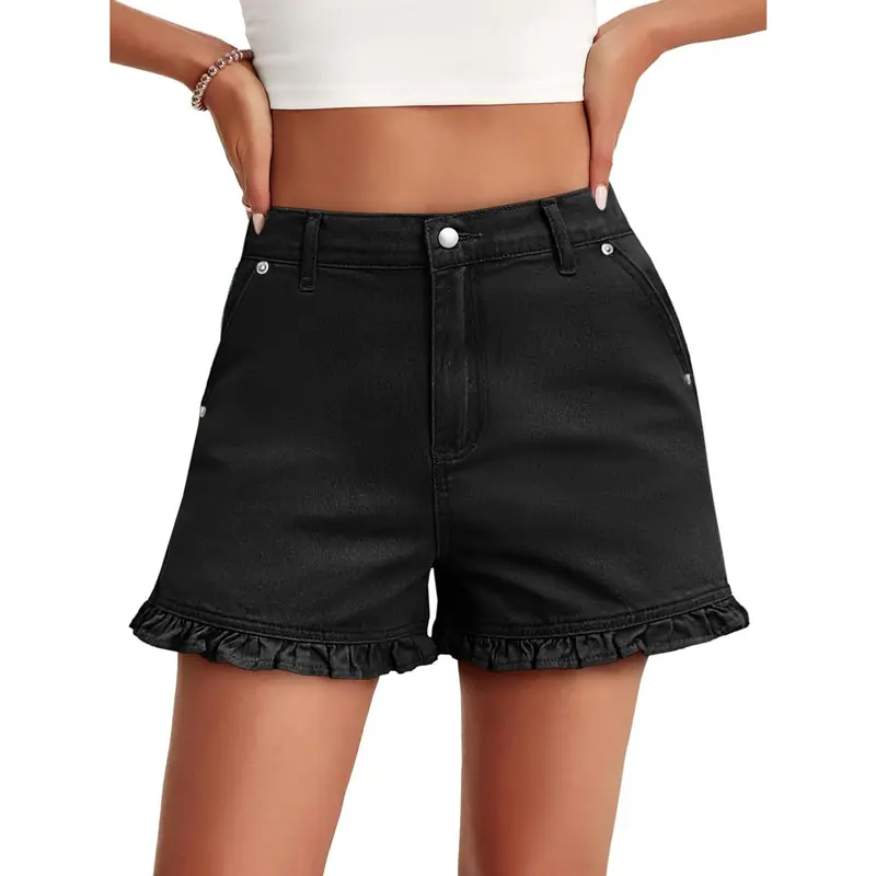 Women's Summer Ruffled Denim Shorts — Cute High-Waisted, Pure Cotton Denim Shorts with Pockets