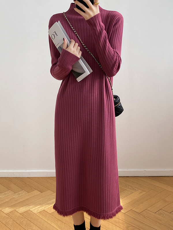 Fringed Solid Color Long Sleeves Loose Mock Neck Sweater Dresses Midi Dresses