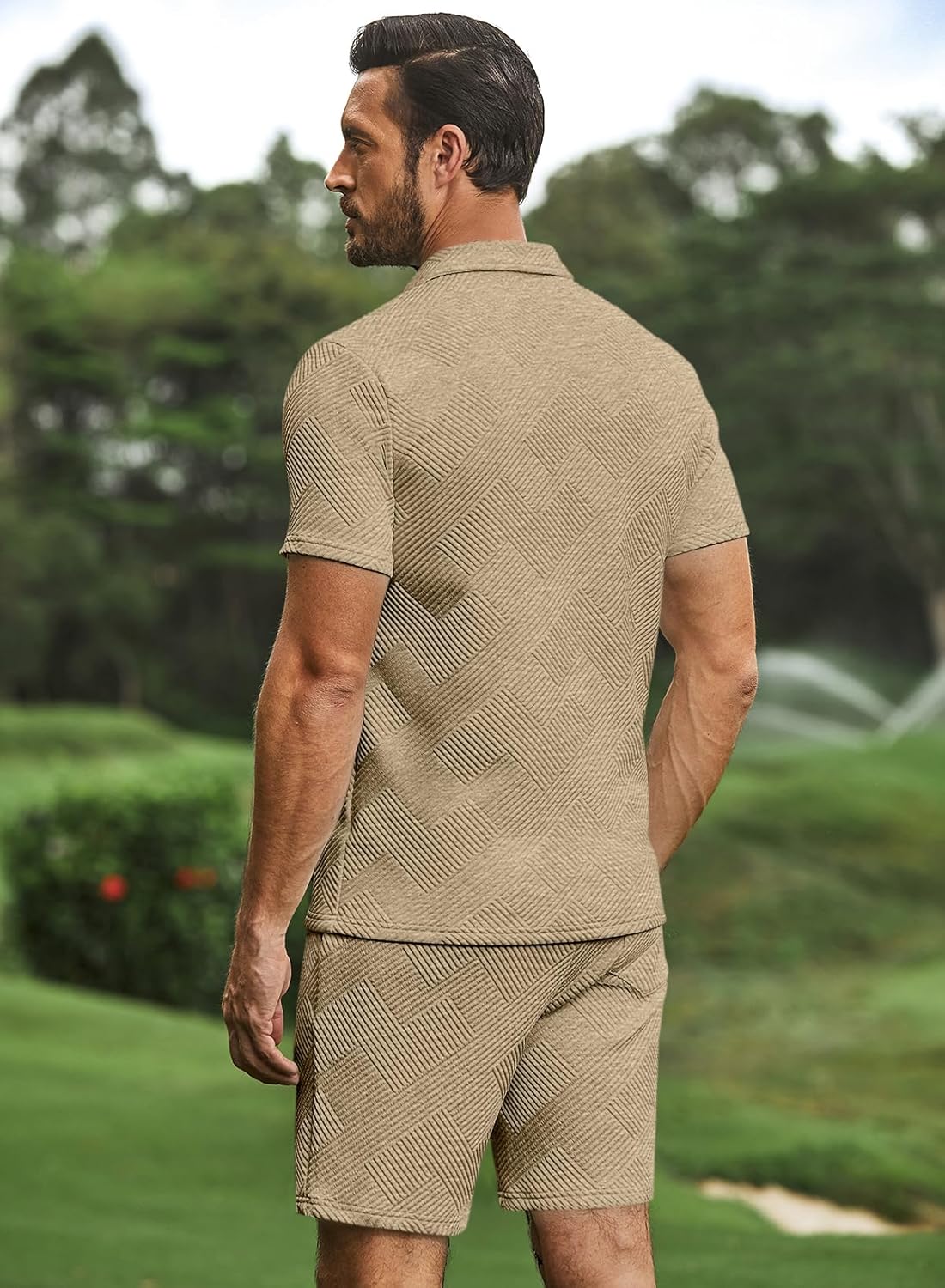 Men's Tracksuits 2 Piece Outfits Casual Sweatsuit Textured 1/4 Zip Short Sleeve Golf Polo Shirt and Short Sets