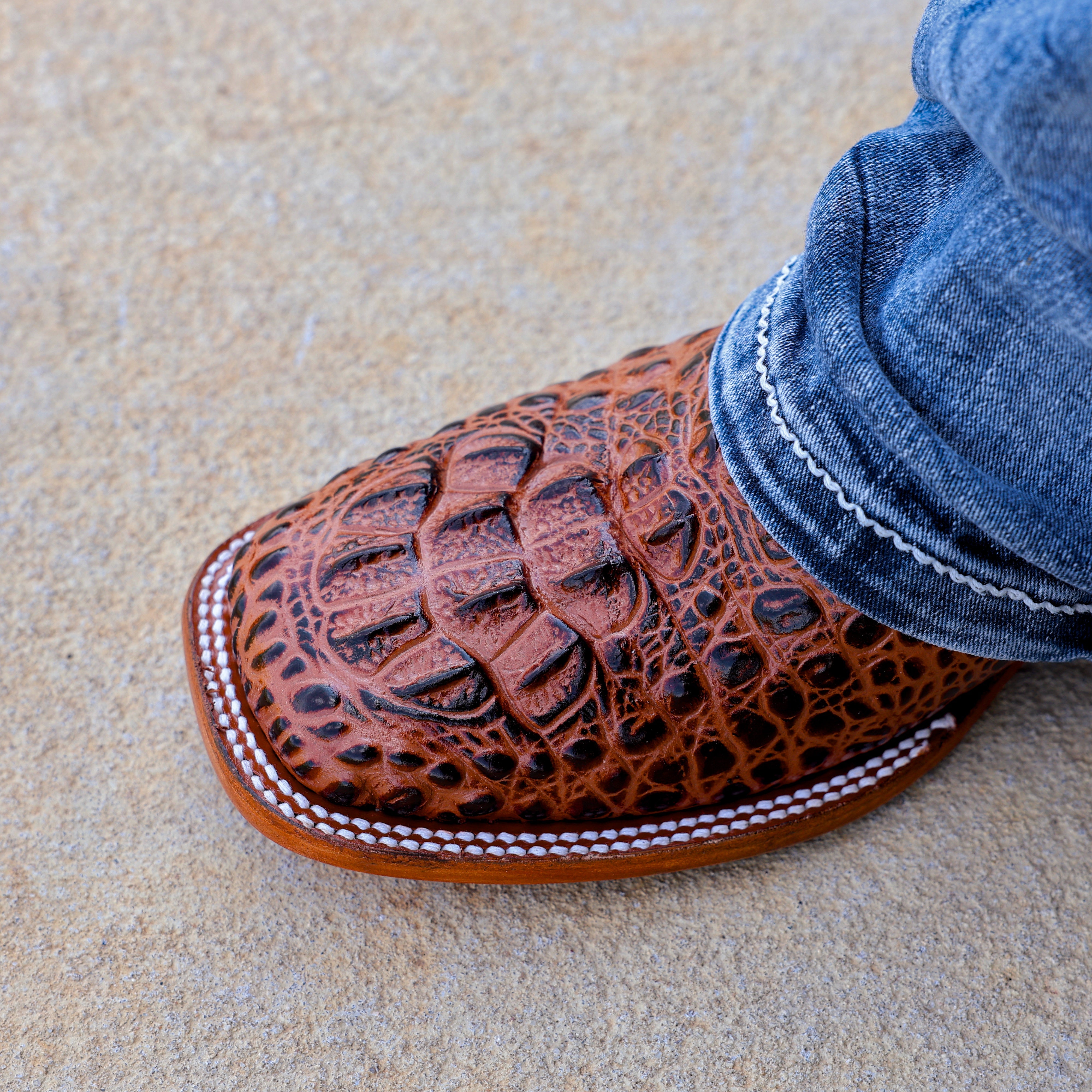 Cognac Caiman Neck Leather Boots - Square Toe