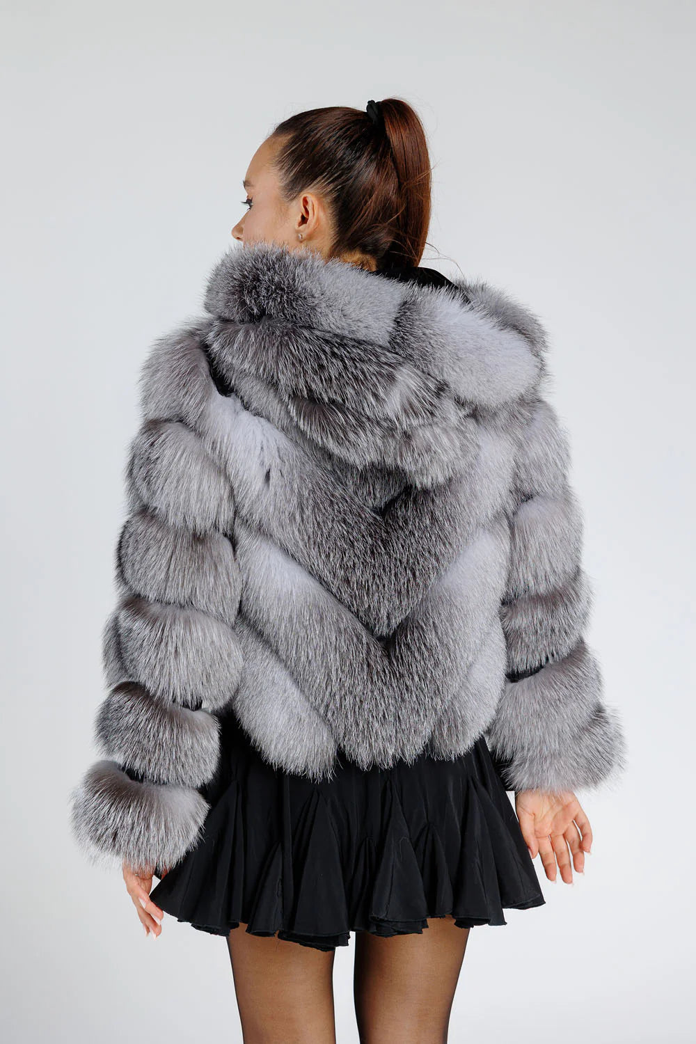 Haină din Blană Naturală de Vulpe Argintie, Transformabilă, V Model, cu Glugă Detașabilă, Femei, Grey Frost 379