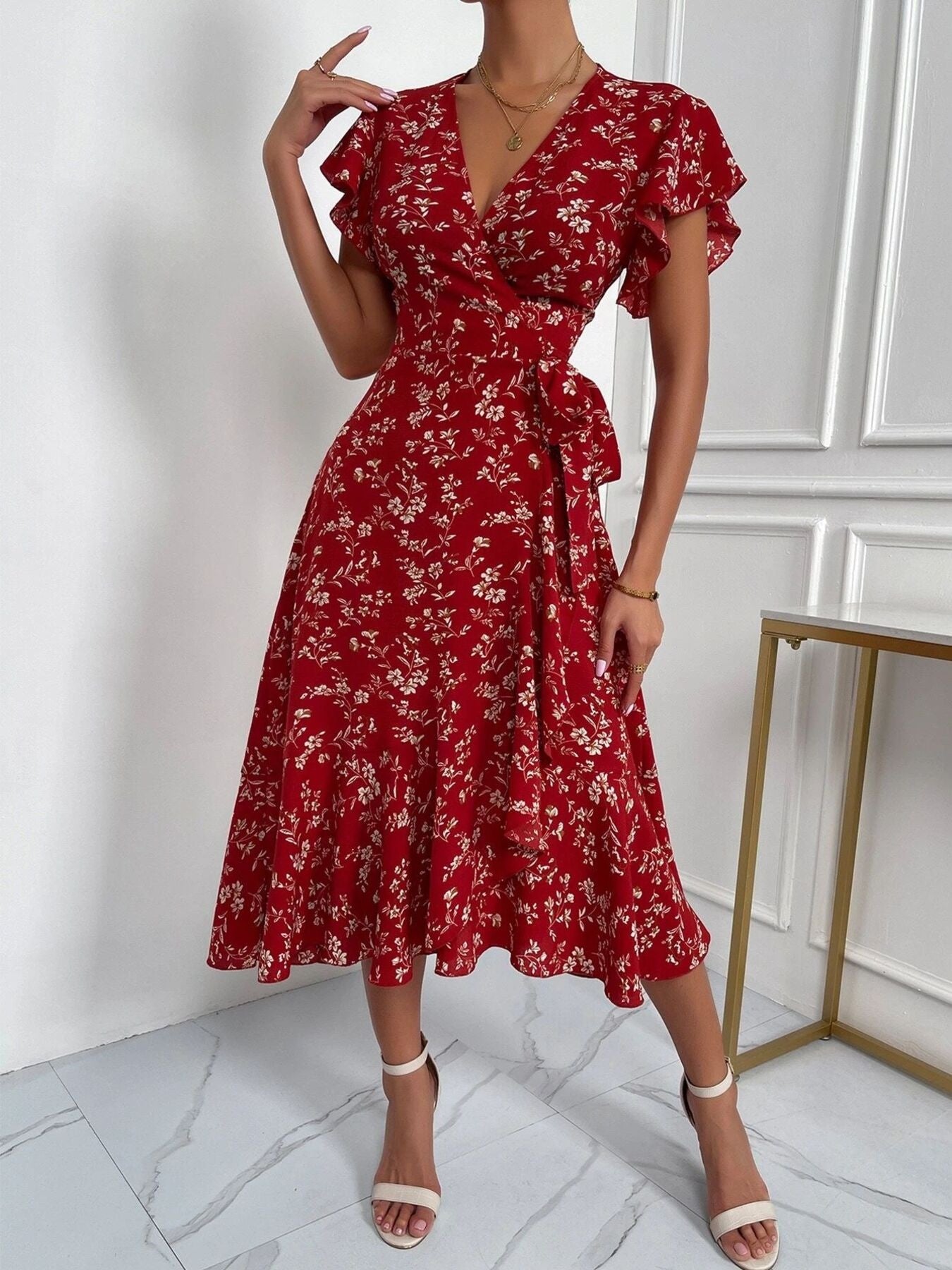Floral Print Ruffle Sleeve Wrap Midi Dress